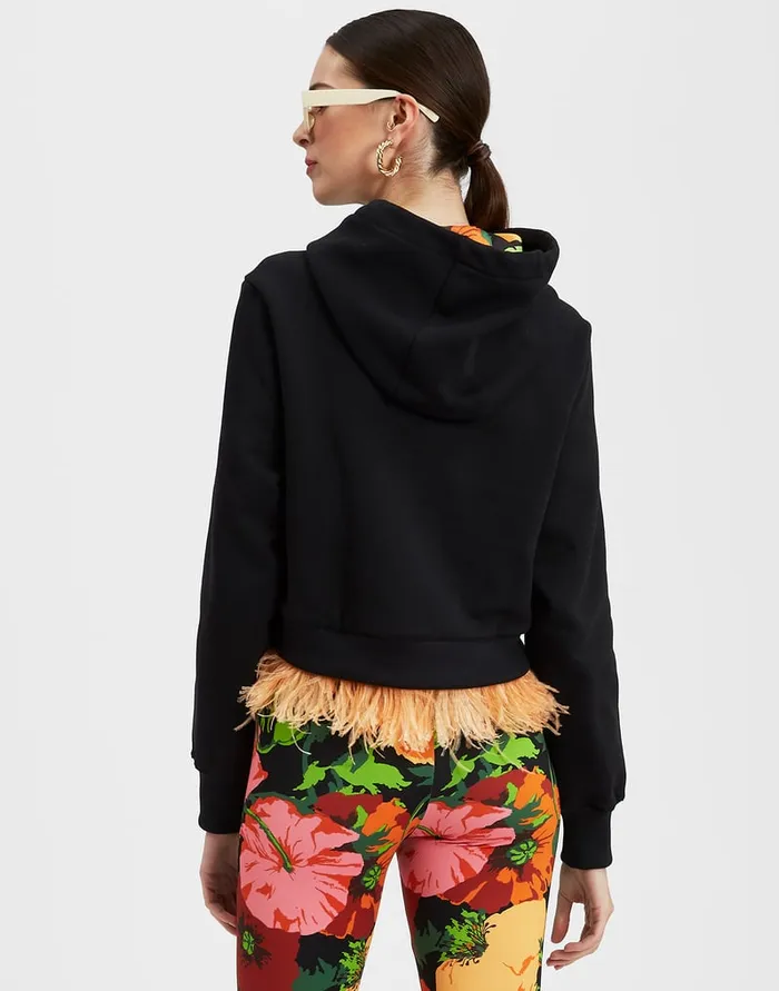 La Doublej La Scala Hoodie Black In Heavy Jersey With Feathers Women TShirts and Sweatshirts