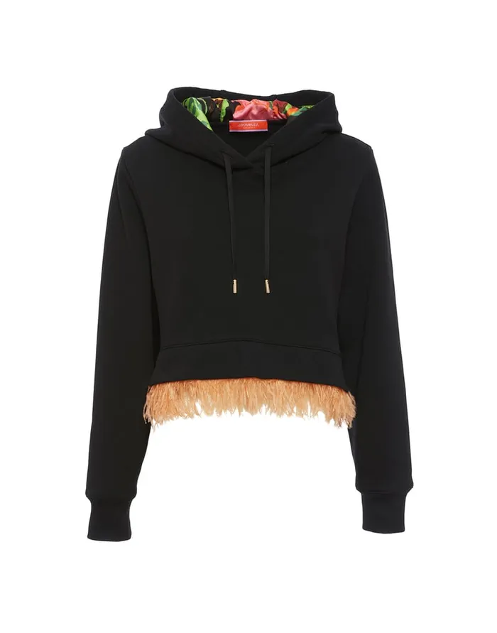 La Doublej La Scala Hoodie Black In Heavy Jersey With Feathers Women TShirts and Sweatshirts
