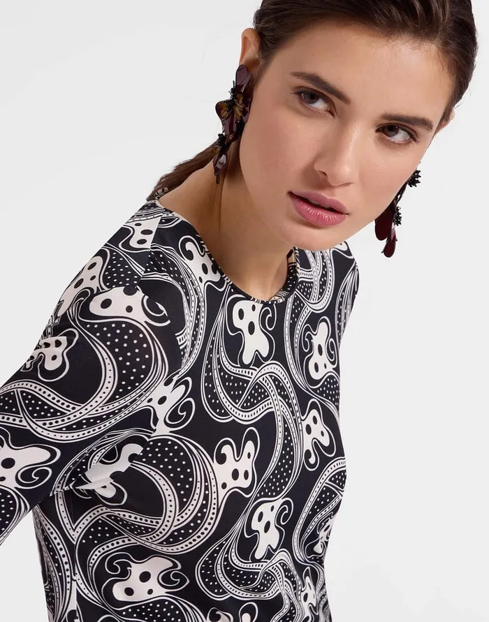 La Doublej Long Sleeve Swing Dress Aperol Black and White In Flowy Jersey Women Party Dressing