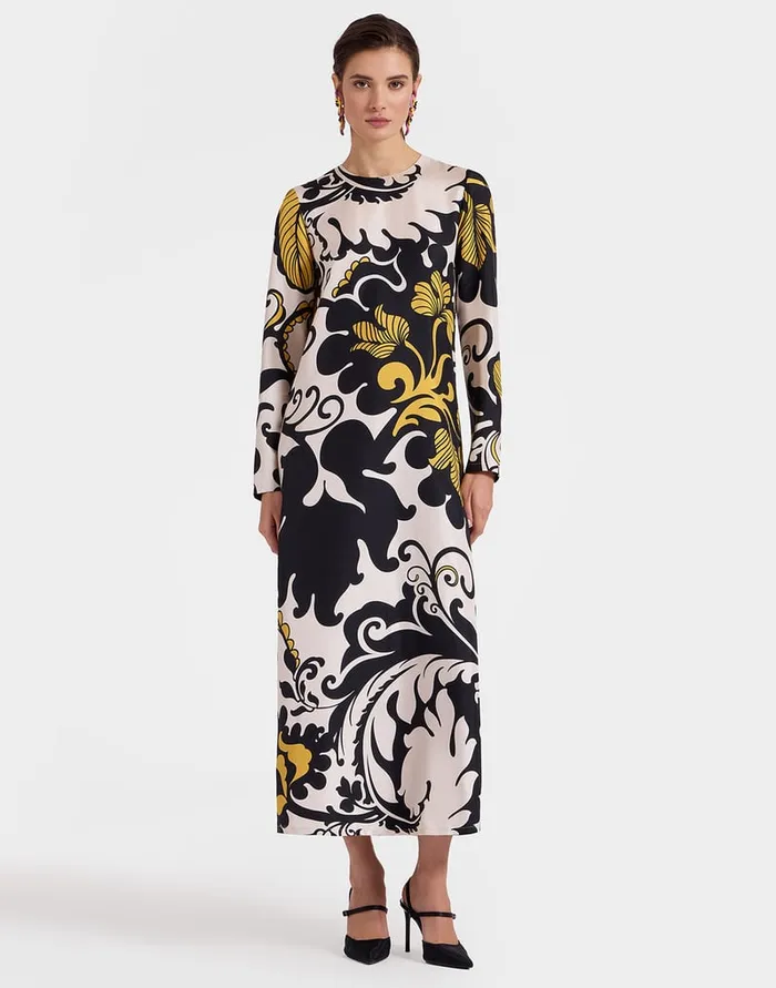 La Doublej Long Sleeve Swing Dress Marea Black and White In Silk Twill Women Dresses