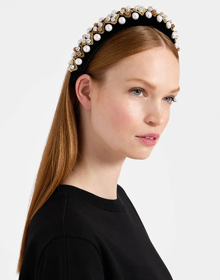 La Doublej Medici Headband Solid Gold In Velvet Embroidered Women Hair Accessories