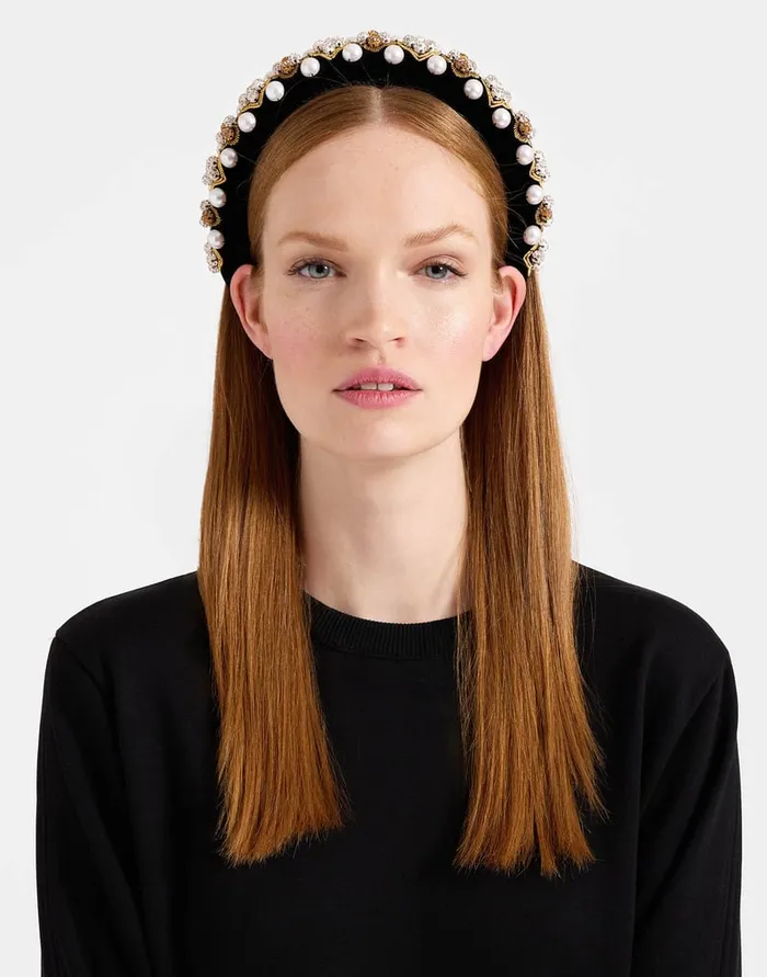 La Doublej Medici Headband Solid Gold In Velvet Embroidered Women Hair Accessories