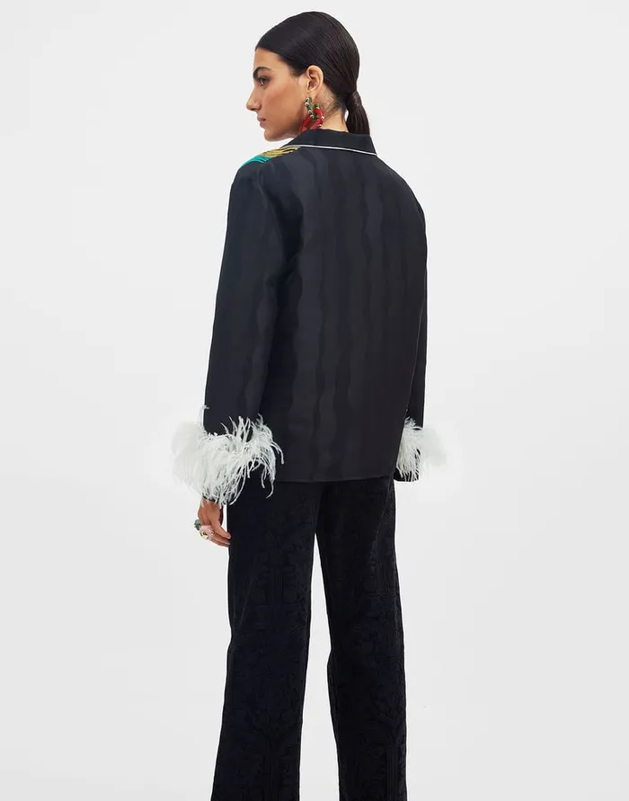 La Doublej Nile Jacket The Nile Black In Jacquard With Feathers Women Outerwear