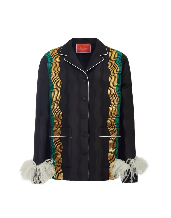 La Doublej Nile Jacket The Nile Black In Jacquard With Feathers Women Outerwear