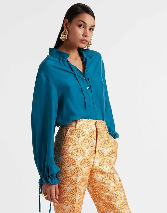 La Doublej Shirt And Sassy Solid Blue Petrol In Washed Silk Women Shirts and Tops
