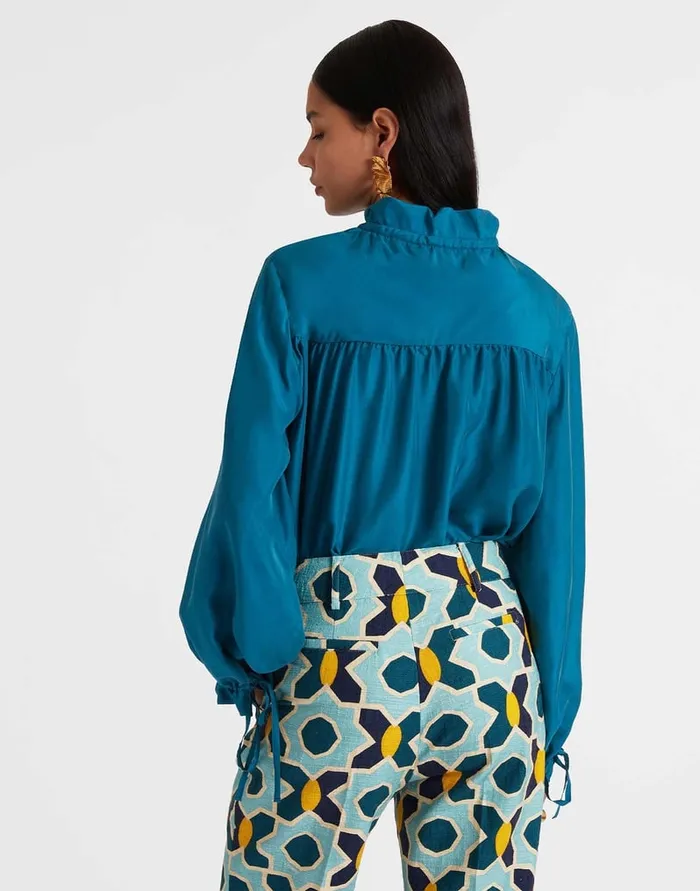La Doublej Shirt And Sassy Solid Blue Petrol In Washed Silk Women Shirts and Tops
