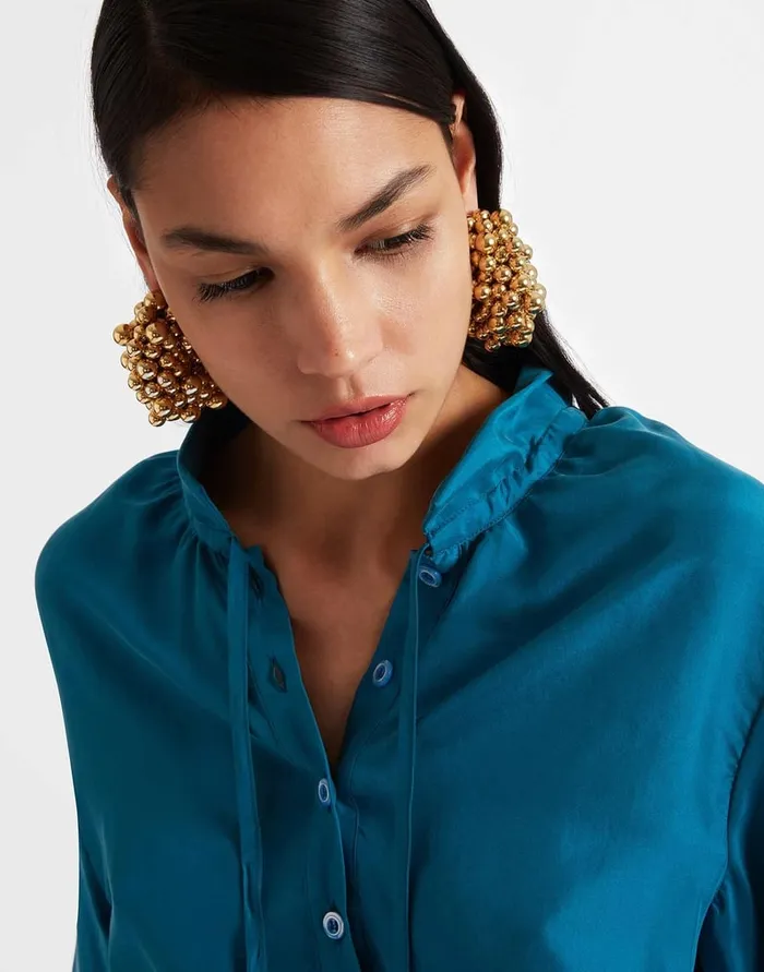 La Doublej Shirt And Sassy Solid Blue Petrol In Washed Silk Women Shirts and Tops