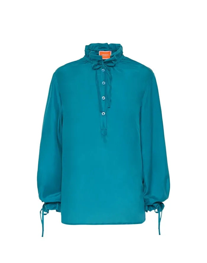 La Doublej Shirt And Sassy Solid Blue Petrol In Washed Silk Women Shirts and Tops