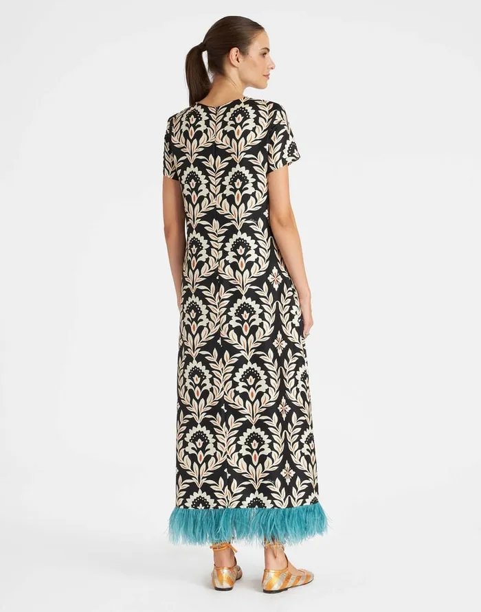 La Doublej Swing Dress Ghirlanda Black In Silk Twill With Feathers Women Dresses