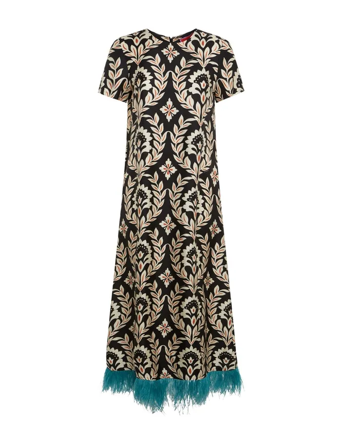 La Doublej Swing Dress Ghirlanda Black In Silk Twill With Feathers Women Dresses