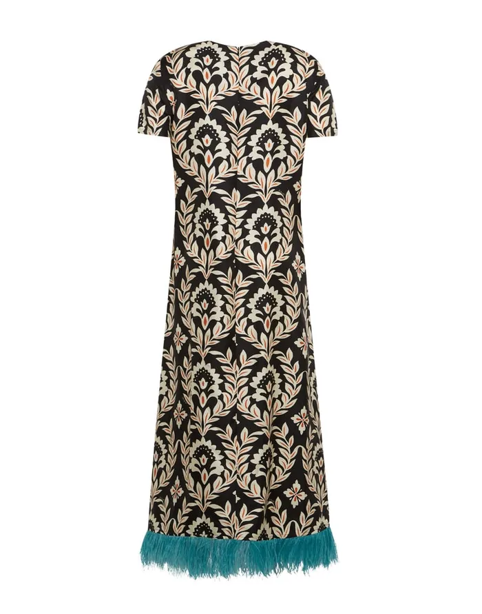La Doublej Swing Dress Ghirlanda Black In Silk Twill With Feathers Women Dresses