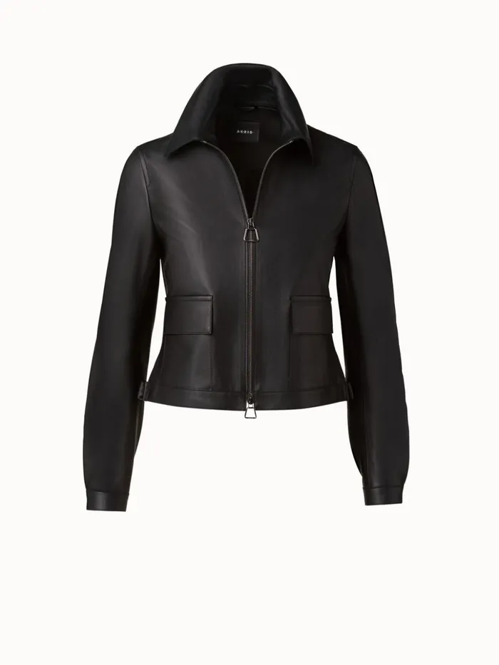 Lamb Nappa Leather Blouson Jacket Black Women Akris Jackets
