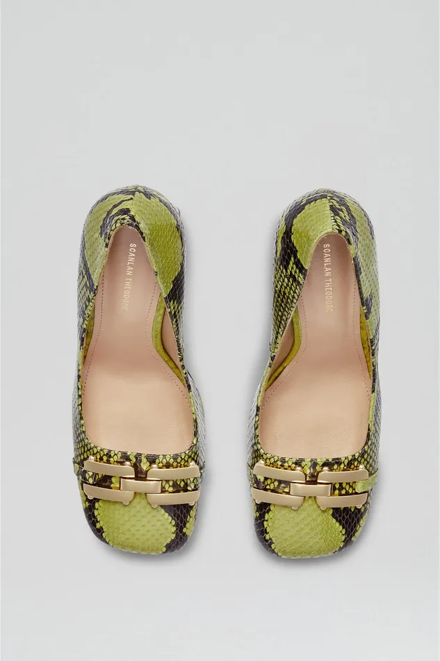 Leather Scanlan Theodore Women GOLD TRIM SQUARE TOE PUMP 95 VERT