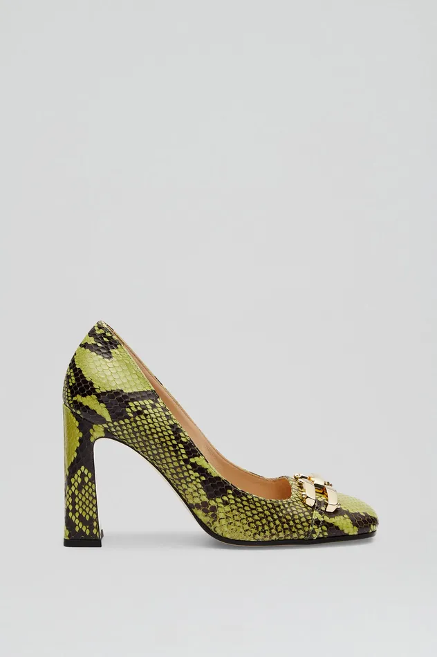 Leather Scanlan Theodore Women GOLD TRIM SQUARE TOE PUMP 95 VERT