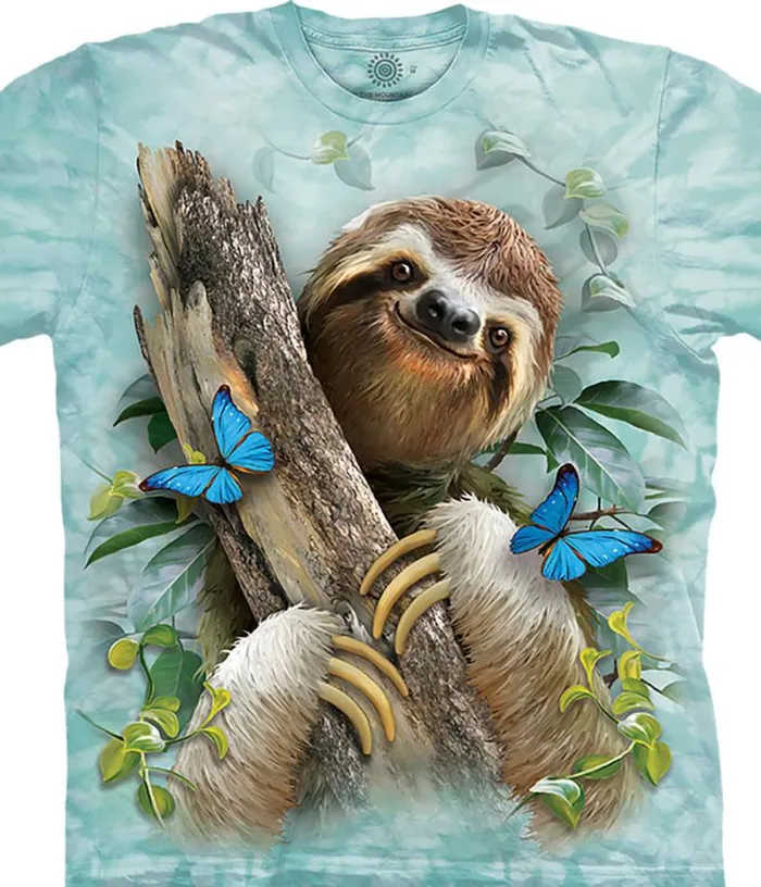 Liquid Blue TShirt Men Sloth and Butterflies Classic Cotton TShirt