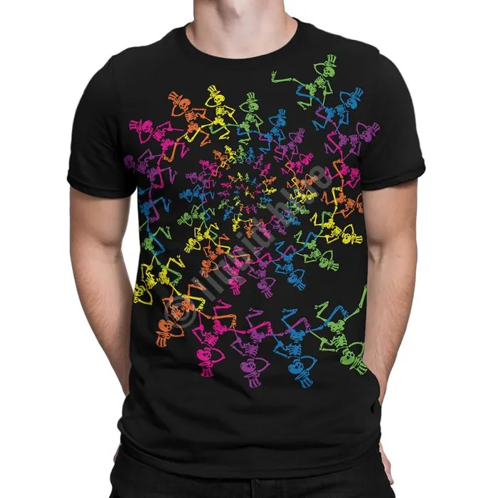 Liquid Blue TShirt Men Spiral Skeletons Black TShirt