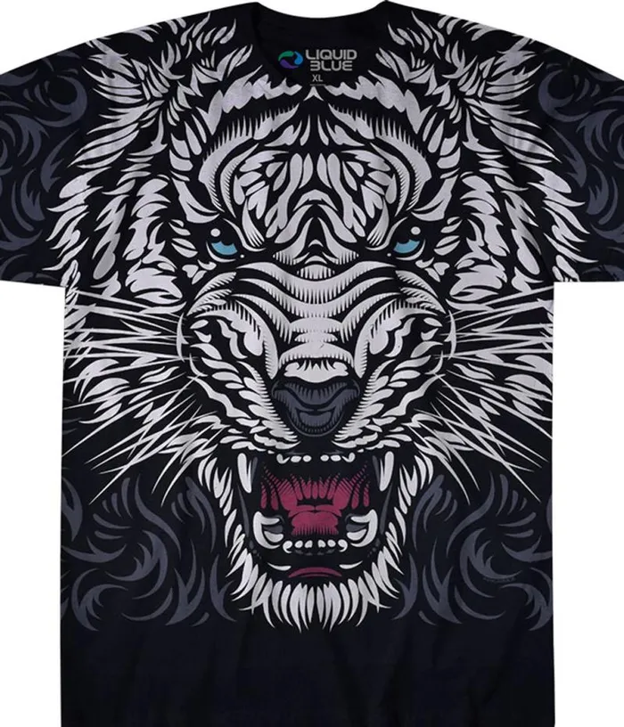 Liquid Blue TShirt Men White Tiger Stare Black TShirt