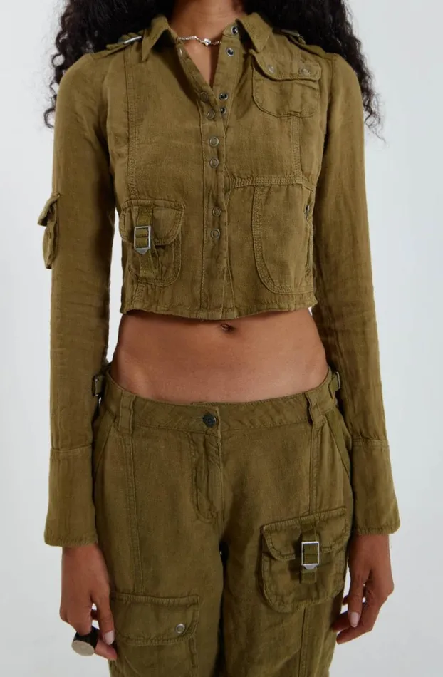 Long Sleeve Tops Women Jaded London Devon Linen Cargo Shirt