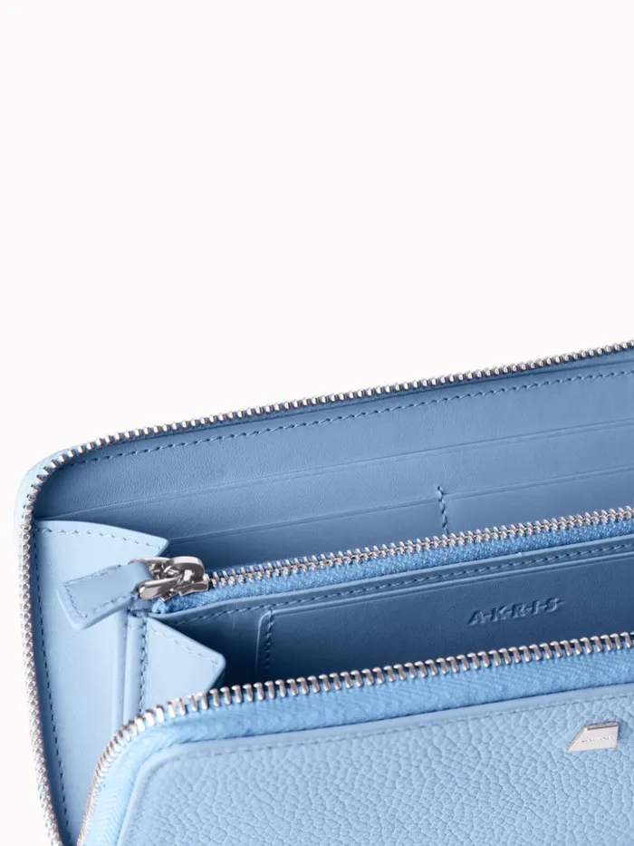 Long Zip Around Wallet In Leather Powder Blue Women Akris Wallets