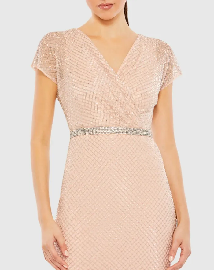 Mac Duggal Beaded Wrap VNeck Short Sleeve Dress Rose Women Cocktail Dresses