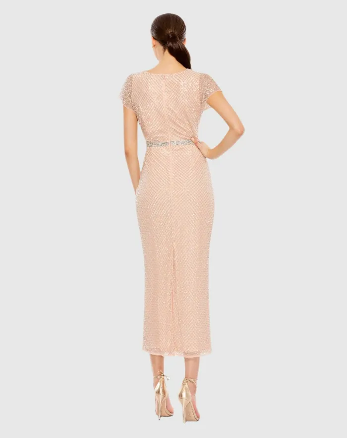 Mac Duggal Beaded Wrap VNeck Short Sleeve Dress Rose Women Cocktail Dresses
