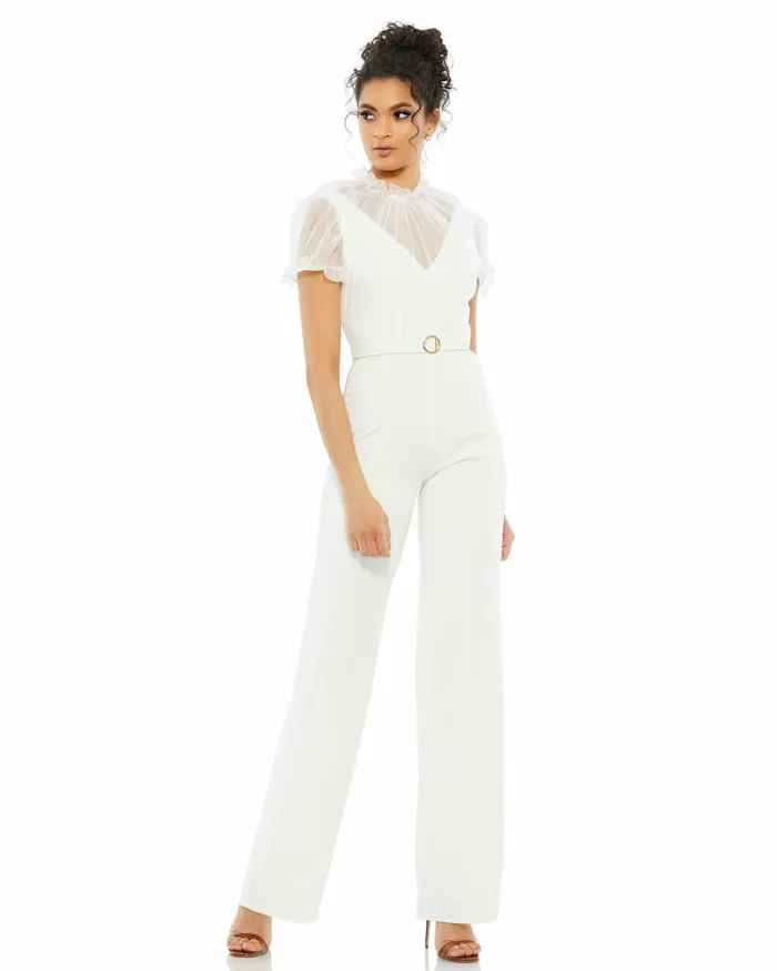 Mac Duggal Best Sellers Women White Belted Illusion High Neck Cap Sleeve Jumpsuit White