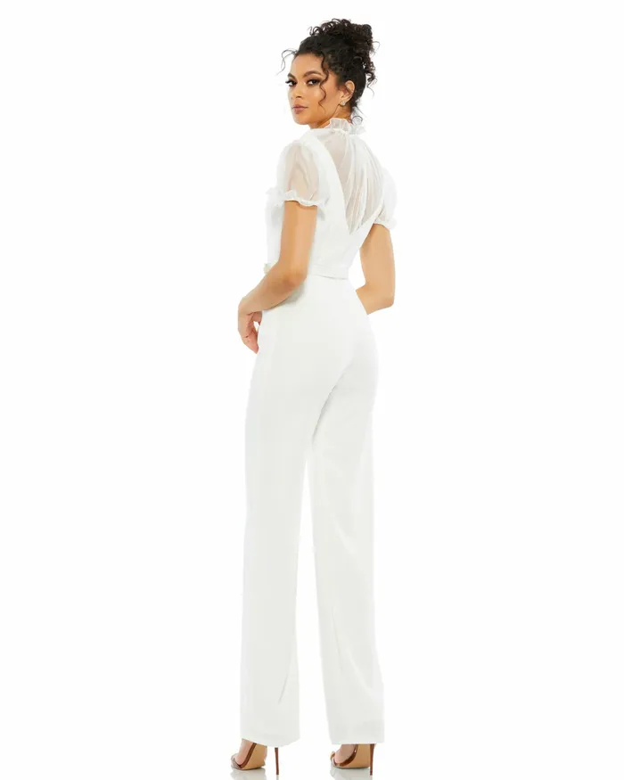 Mac Duggal Best Sellers Women White Belted Illusion High Neck Cap Sleeve Jumpsuit White