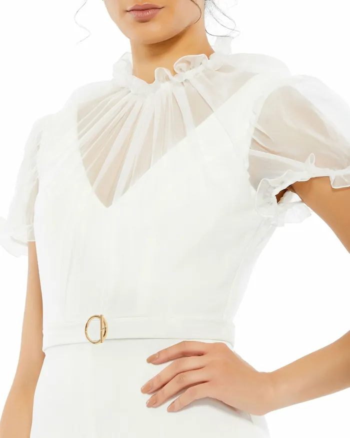 Mac Duggal Best Sellers Women White Belted Illusion High Neck Cap Sleeve Jumpsuit White