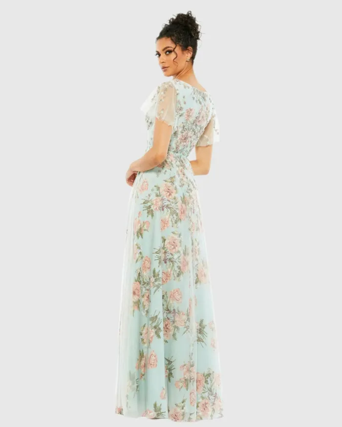 Mac Duggal Daytime Dresses Women Floral Flutter Sleeve VNeck Maxi Dress Blue Multi