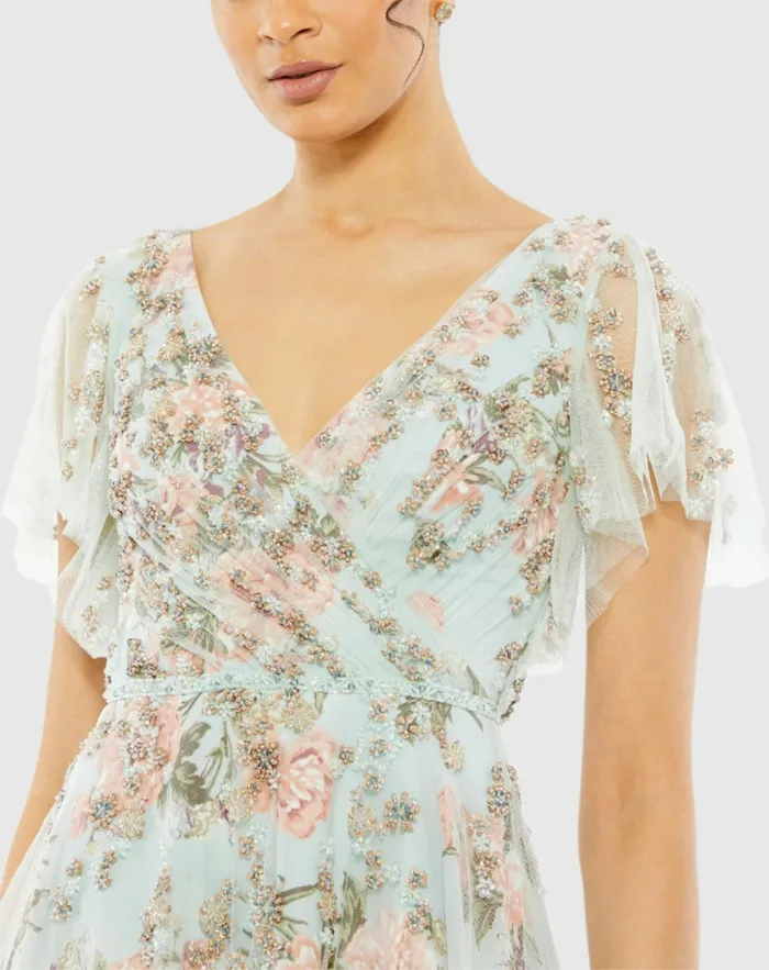Mac Duggal Daytime Dresses Women Floral Flutter Sleeve VNeck Maxi Dress Blue Multi