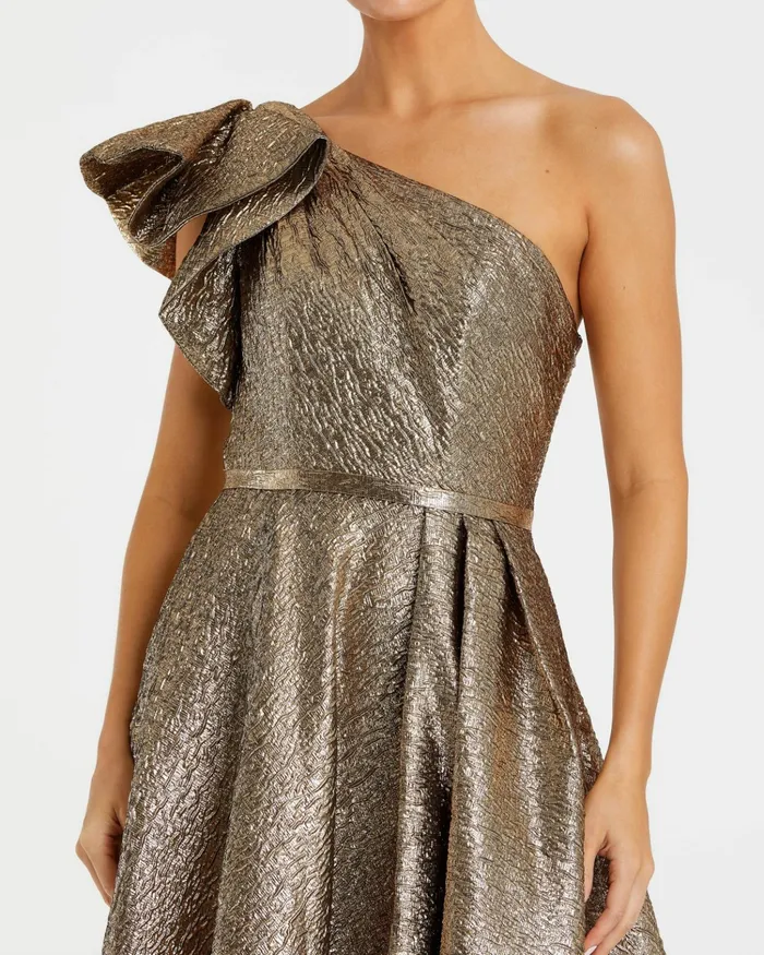 Mac Duggal Evening Gowns Women One Shoulder Metallic Ballgown Antique Bronze
