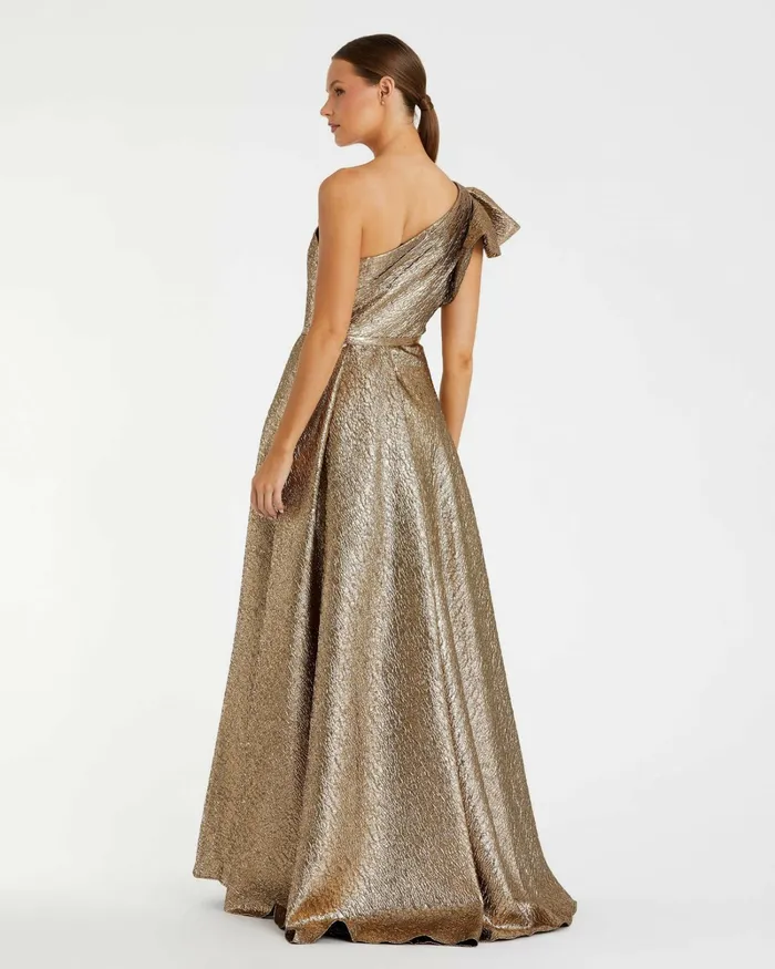 Mac Duggal Evening Gowns Women One Shoulder Metallic Ballgown Antique Bronze