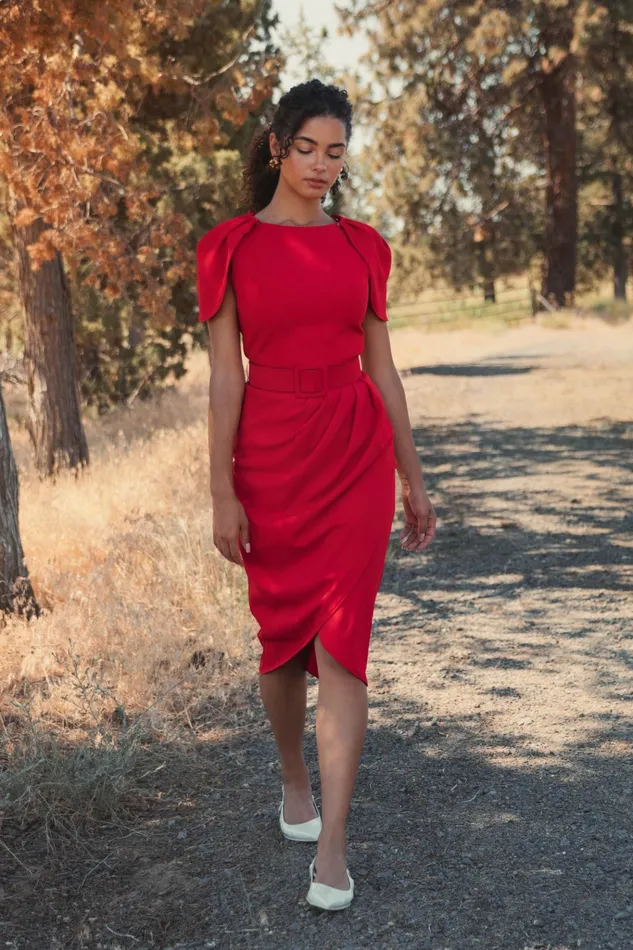 Mac Duggal Every Day Dresses Women Crepe Boat Neck Midi Tulip Dress With Belt Cherry