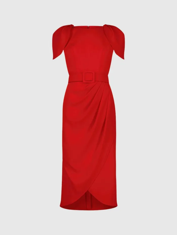 Mac Duggal Every Day Dresses Women Crepe Boat Neck Midi Tulip Dress With Belt Cherry