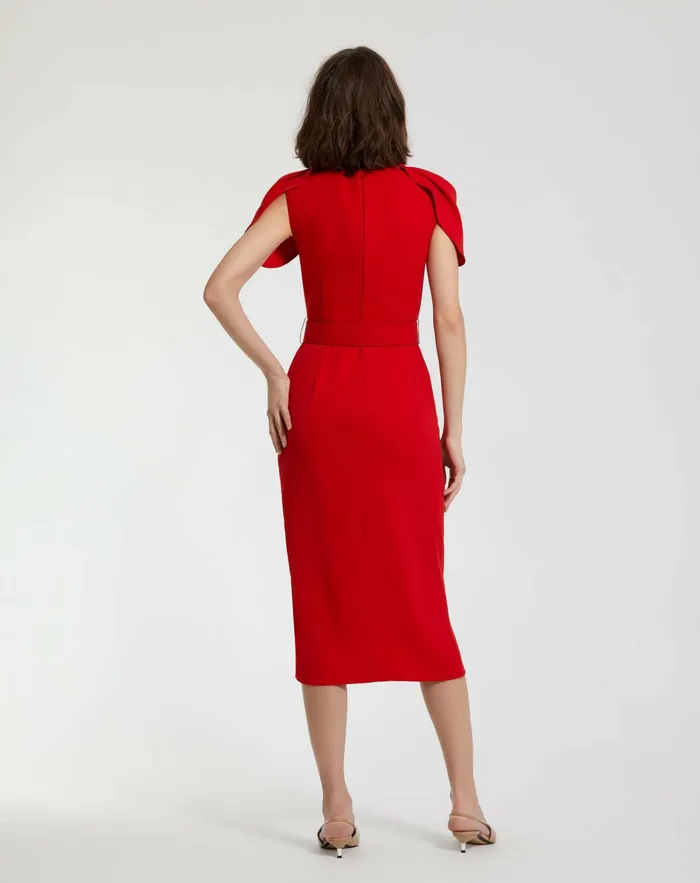 Mac Duggal Every Day Dresses Women Crepe Boat Neck Midi Tulip Dress With Belt Cherry
