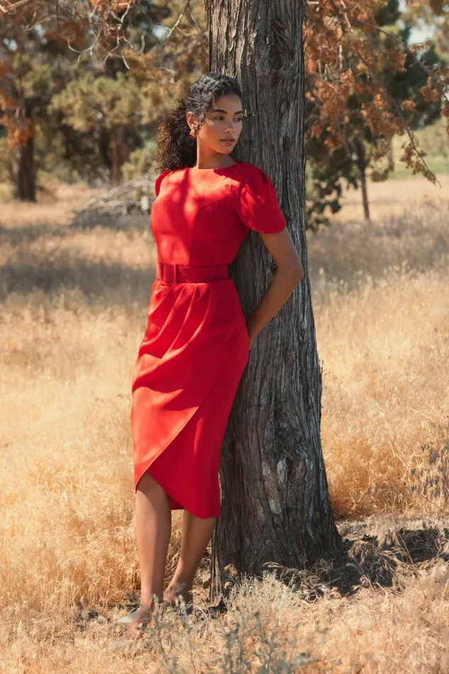 Mac Duggal Every Day Dresses Women Crepe Boat Neck Midi Tulip Dress With Belt Cherry