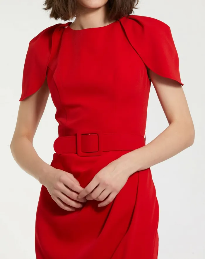 Mac Duggal Every Day Dresses Women Crepe Boat Neck Midi Tulip Dress With Belt Cherry