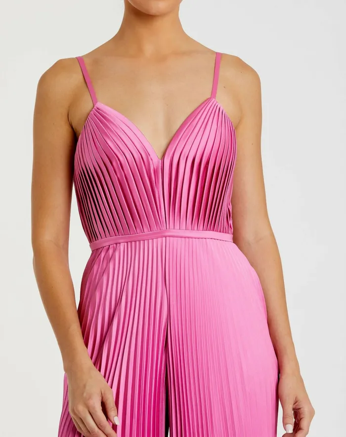 Mac Duggal Jumpsuits and Rompers Women Pink Pleated Plunge Neck Wide Leg Jumpsuit Pink