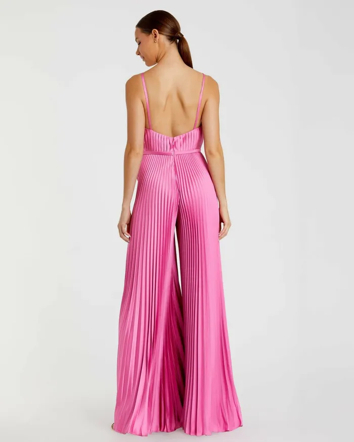Mac Duggal Jumpsuits and Rompers Women Pink Pleated Plunge Neck Wide Leg Jumpsuit Pink