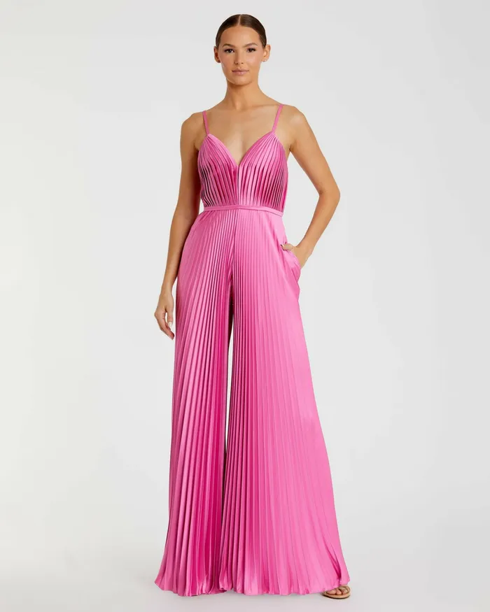 Mac Duggal Jumpsuits and Rompers Women Pink Pleated Plunge Neck Wide Leg Jumpsuit Pink
