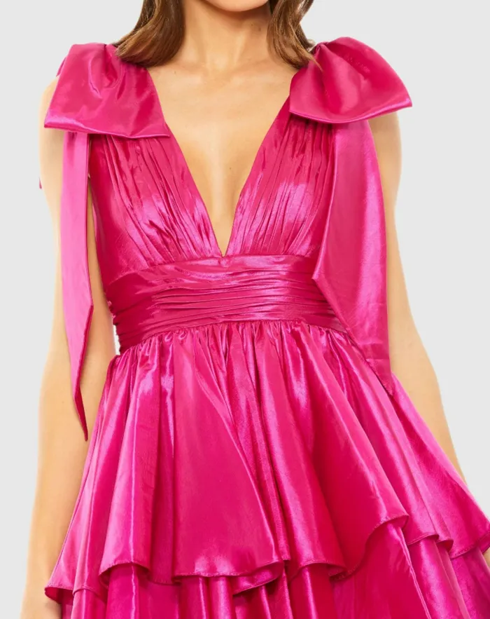Mac Duggal Oversized Bow Deep V Ruffle Mini Dress Fuchsia Women Cocktail Dresses