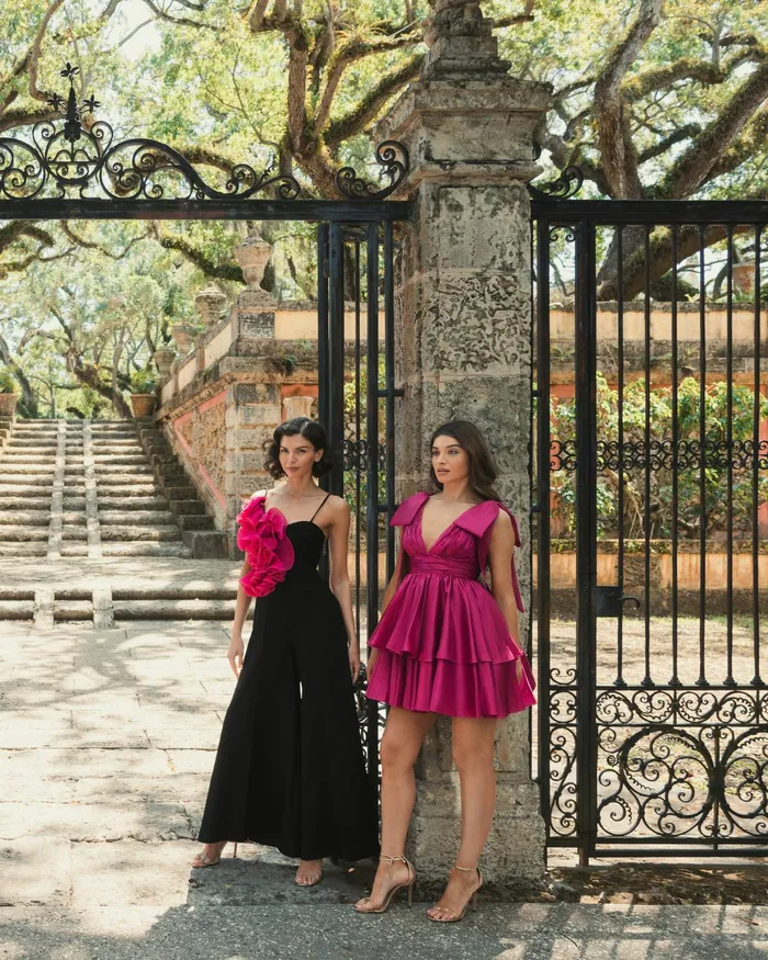 Mac Duggal Oversized Bow Deep V Ruffle Mini Dress Fuchsia Women Cocktail Dresses