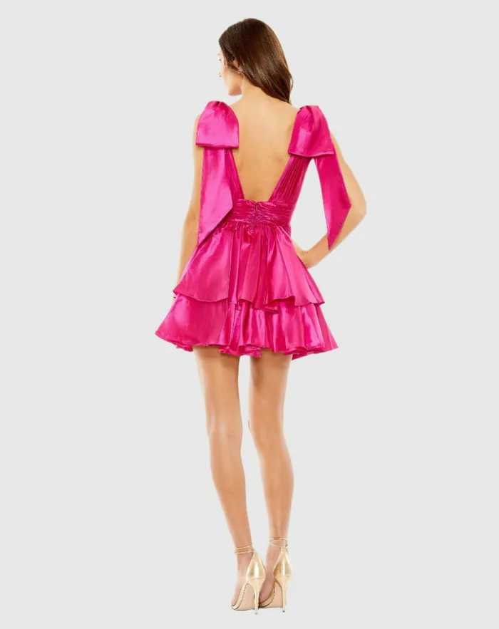 Mac Duggal Oversized Bow Deep V Ruffle Mini Dress Fuchsia Women Cocktail Dresses