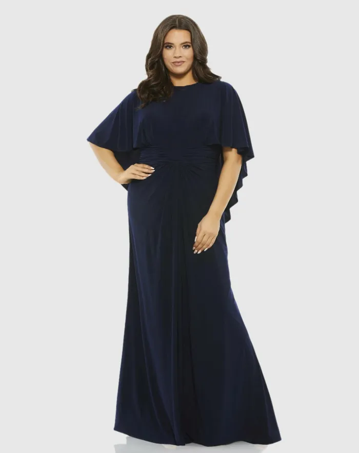 Mac Duggal Plus Size Dresses Women Jersey Cape Sleeve A Line Gown Plus Navy