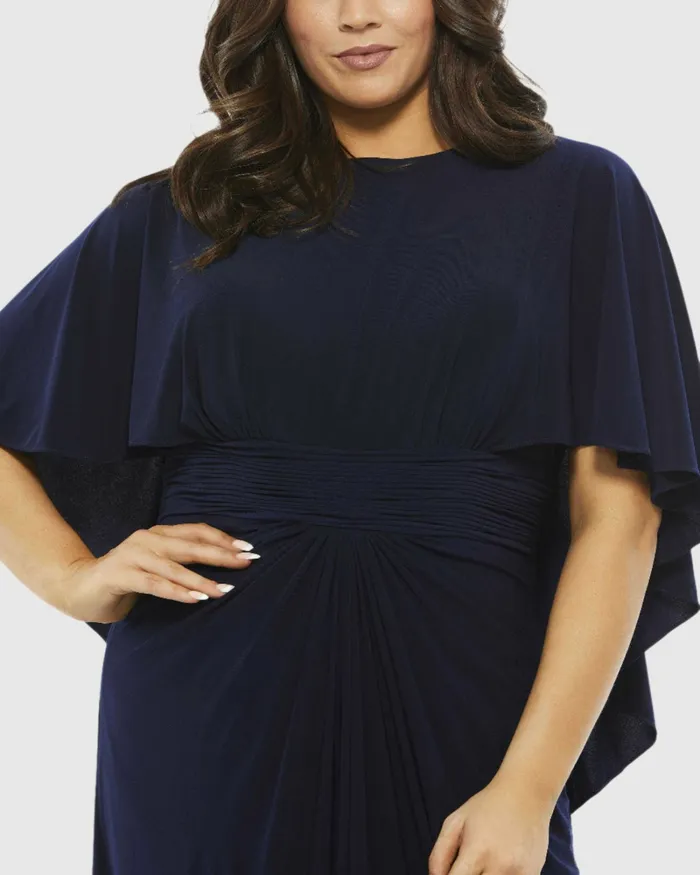 Mac Duggal Plus Size Dresses Women Jersey Cape Sleeve A Line Gown Plus Navy