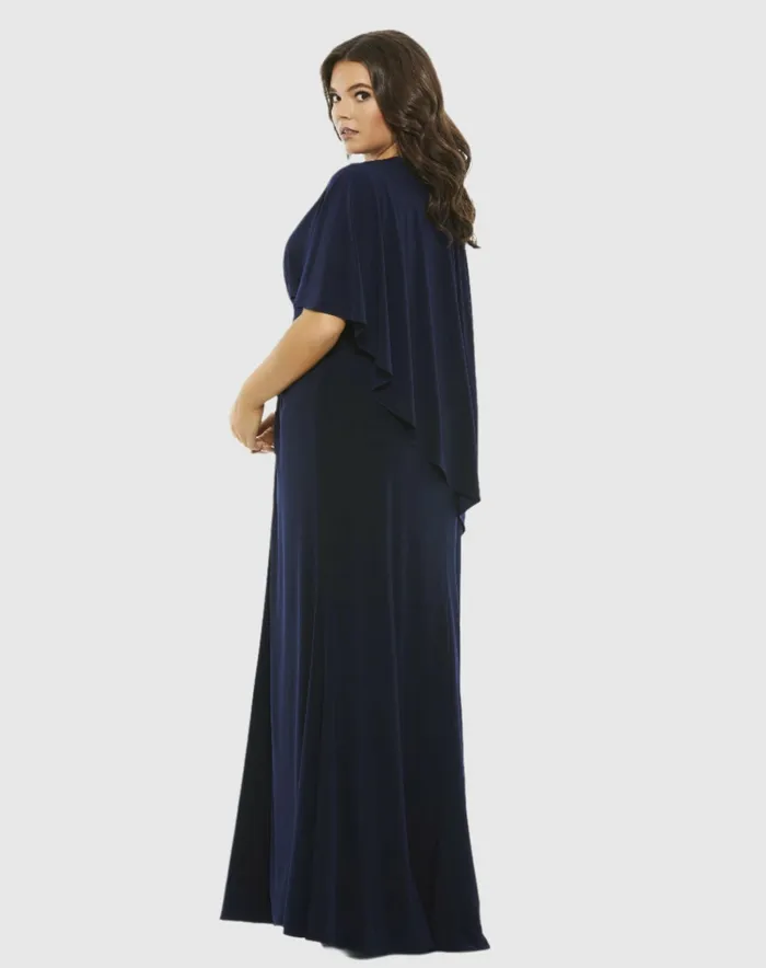 Mac Duggal Plus Size Dresses Women Jersey Cape Sleeve A Line Gown Plus Navy