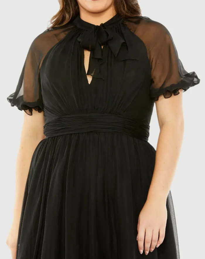 Mac Duggal Plus Size Dresses Women Sheer Puff Sleeve Plus Size Dress Black