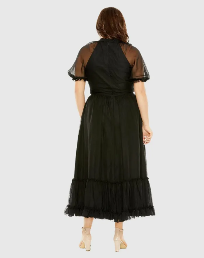 Mac Duggal Plus Size Dresses Women Sheer Puff Sleeve Plus Size Dress Black