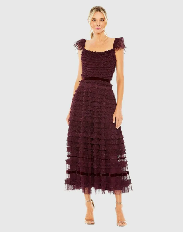 Mac Duggal Ruffle Cap Sleeve Tiered Midi Dress Black Women Daytime Dresses