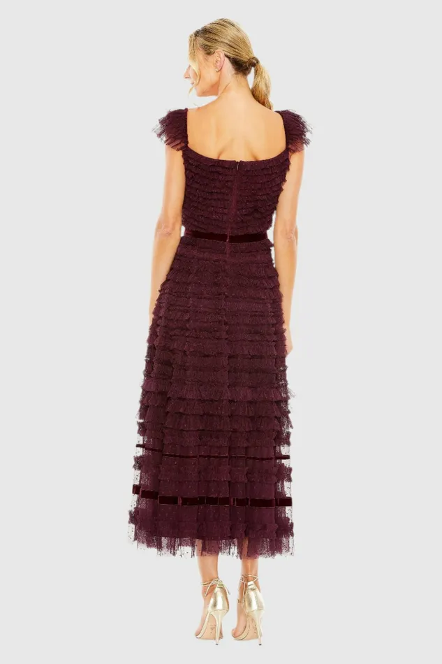 Mac Duggal Ruffle Cap Sleeve Tiered Midi Dress Black Women Daytime Dresses